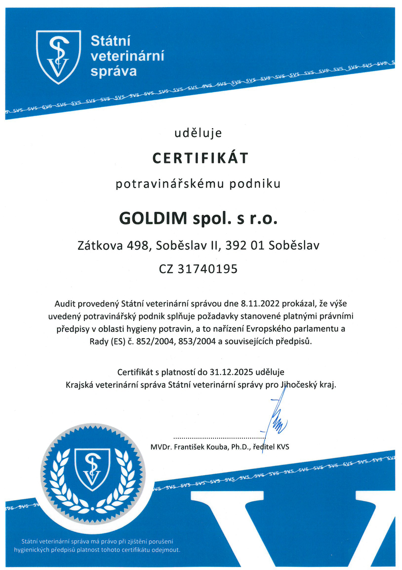 Veterinární certifikát zátkova